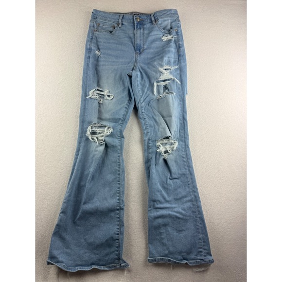 American Eagle Outfitters Denim - American Eagle Super Hi-Rise Flare Jeans Womens 10 Light Wash Distressed Raw Hem